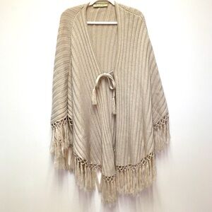 Trina Turk Wool Blend Fringe Ponco Sweater One Size Cream Tan Cozy Oversized